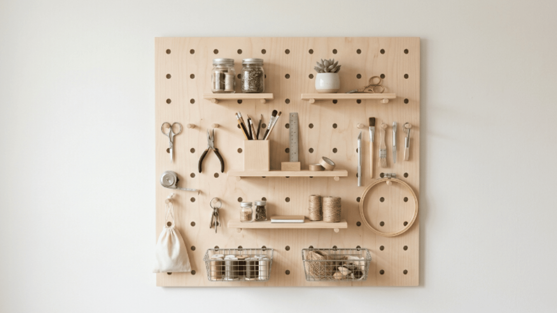 minimal pegboard organizer wall with shelves hooks and neatly stored items