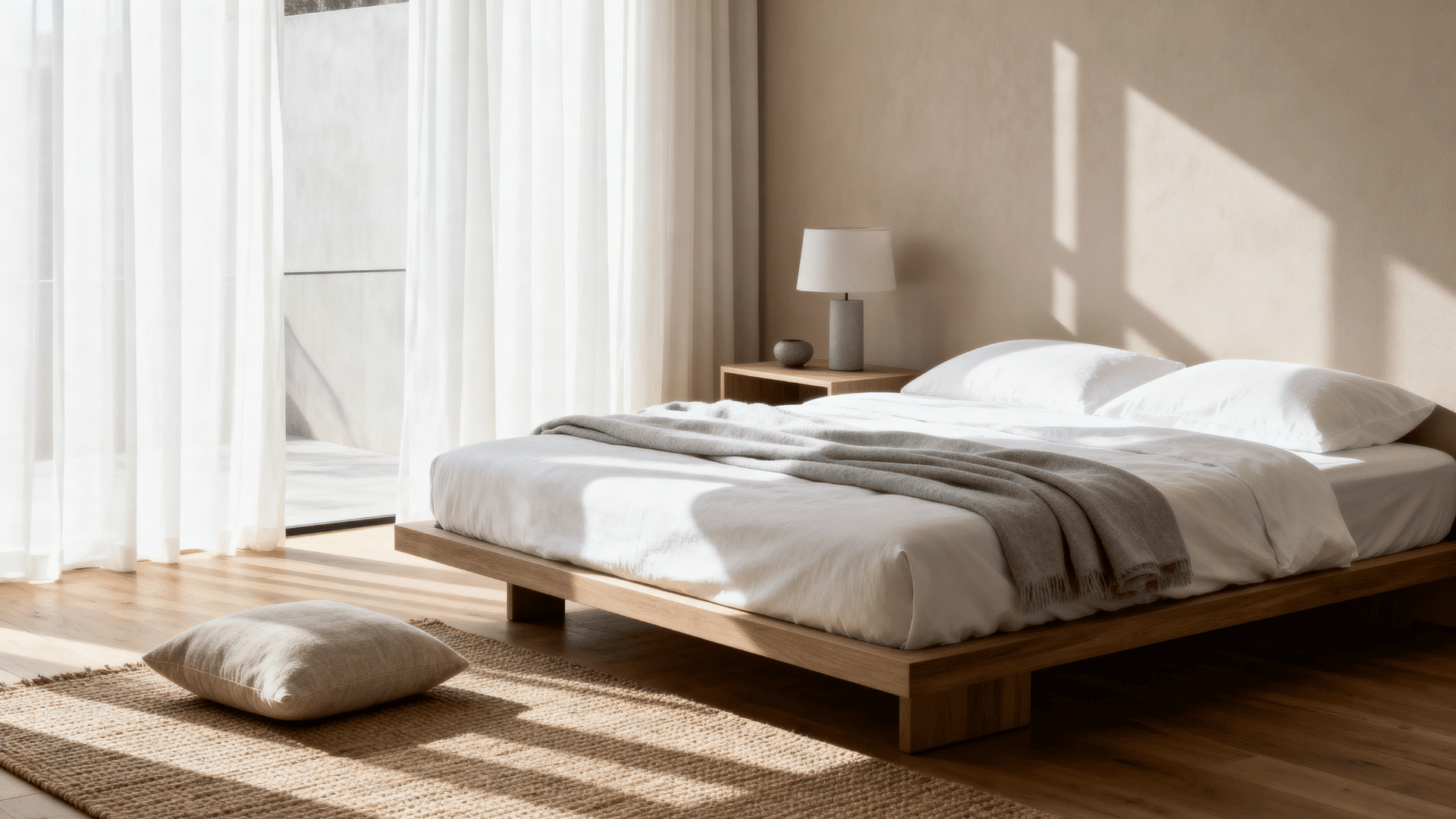 minimalist men’s bedroom with neutral tones, simple furniture, natural lighting, and clean modern decor.