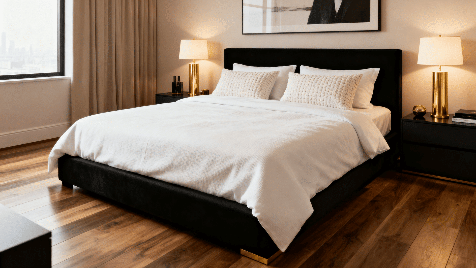 modern black and white men’s bedroom with warm lighting, sleek furniture, cozy bedding, and minimalist decor.