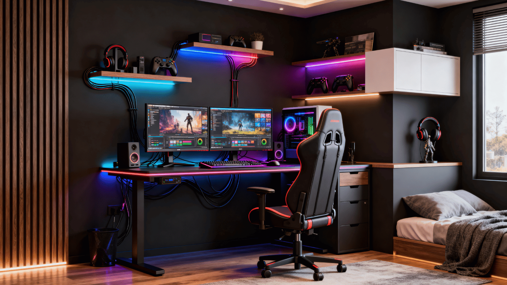 modern gaming bedroom setup with RGB lights, dual monitors, gaming chair, and sleek dark decor.