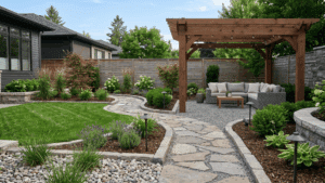modern garden landscaping with stone pathways, pergola seating, and clean backyard layout in daylight