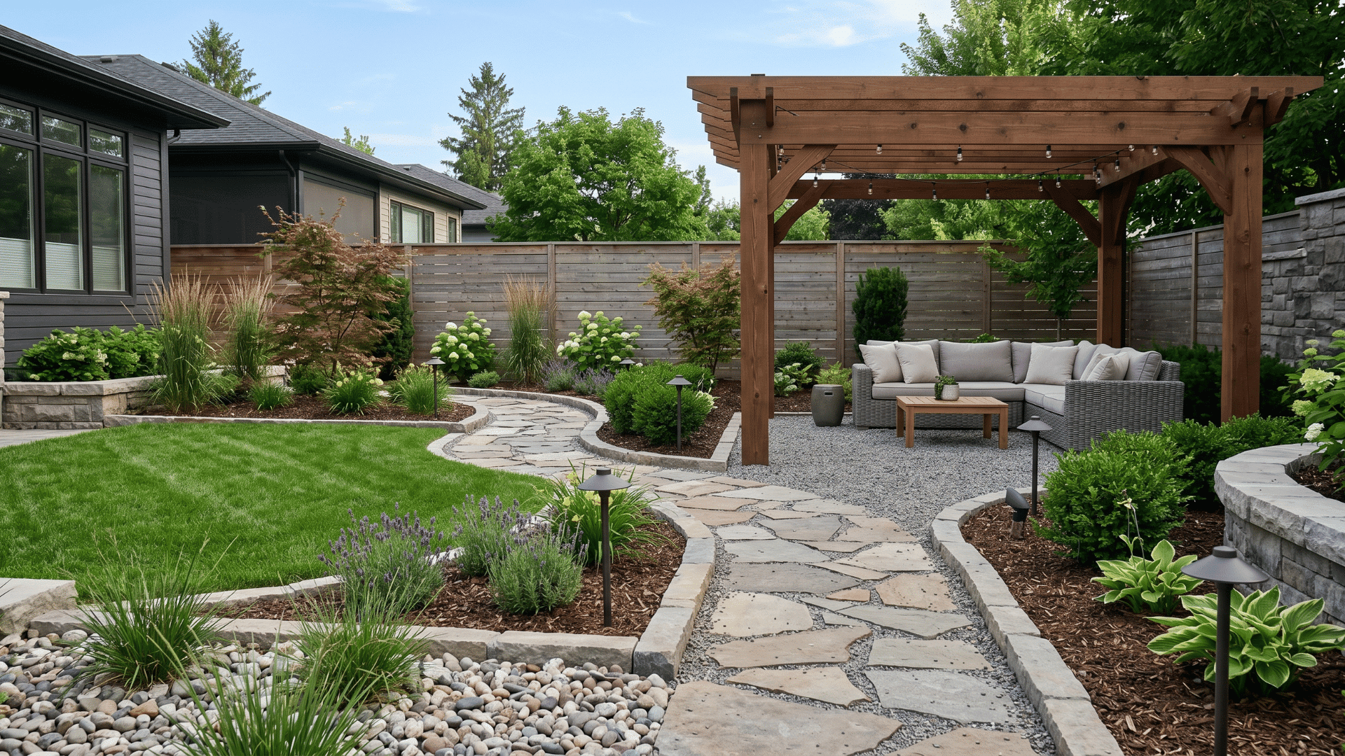 modern garden landscaping with stone pathways, pergola seating, and clean backyard layout in daylight