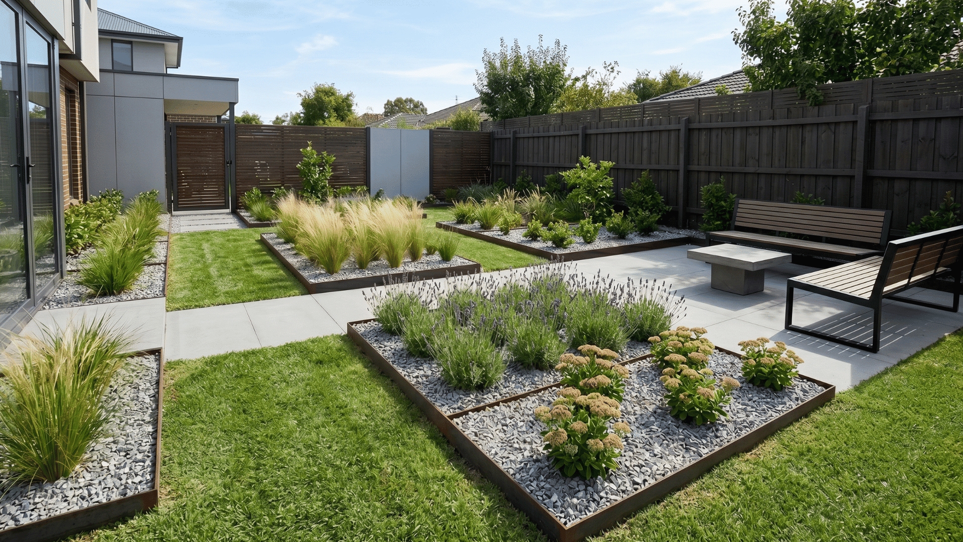 modern garden with defined planting zones and structured backyard layout in daylight