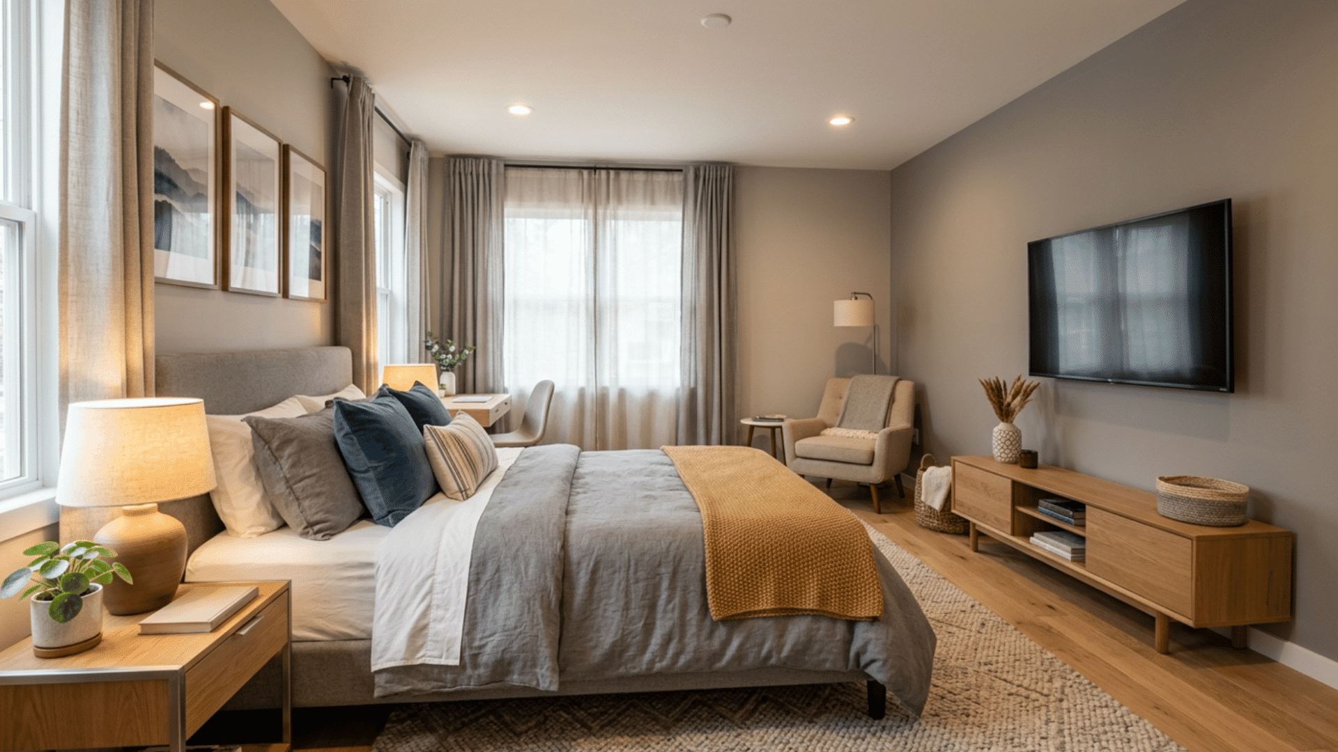 modern guest bedroom with wall-mounted tv, cozy layered bedding, warm lighting, and neutral decor details.