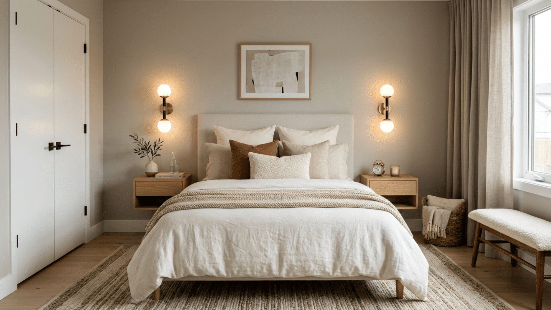 modern guest bedroom with wall sconces, soft bedding, neutral decor, and warm ambient bedside lighting.