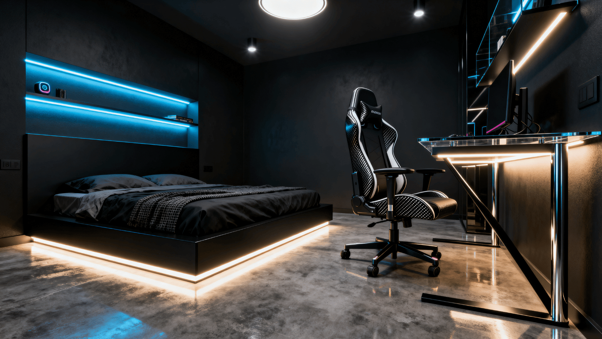 modern men’s bedroom with LED lighting, dark decor, glowing shelves, and sleek futuristic design setup.