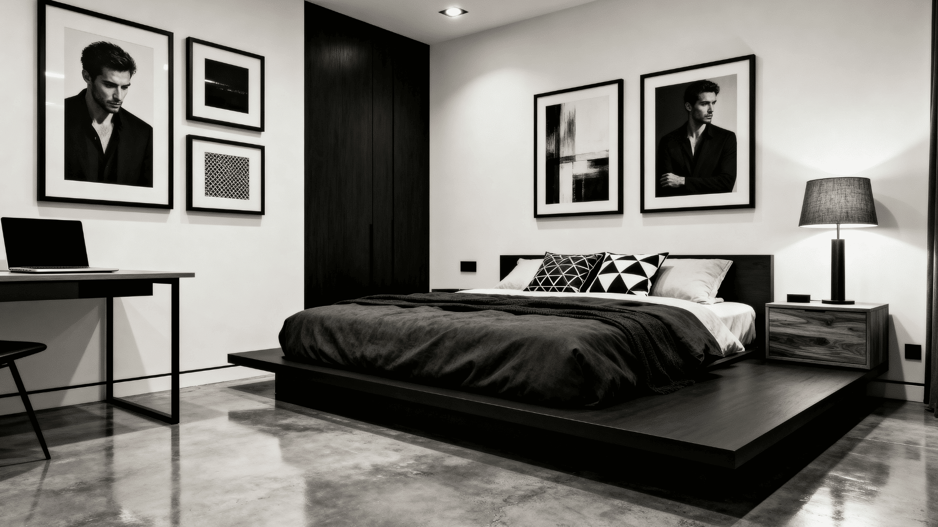 modern men’s bedroom with black wall art, sleek furniture, monochrome decor, and cozy lighting setup.