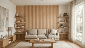 modern organic living room with plant wall woven baskets and pendant lighting