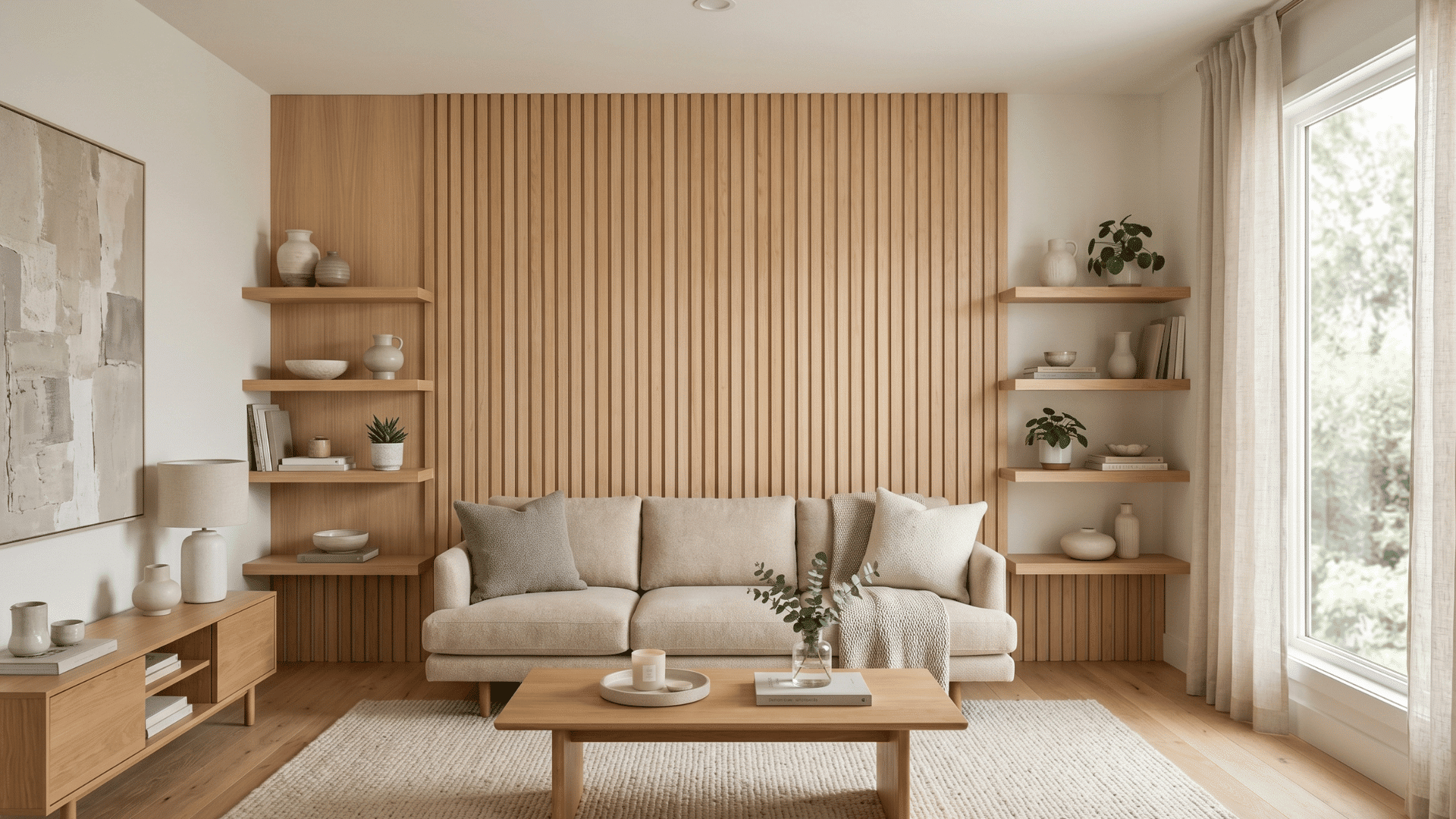 modern organic living room with plant wall woven baskets and pendant lighting