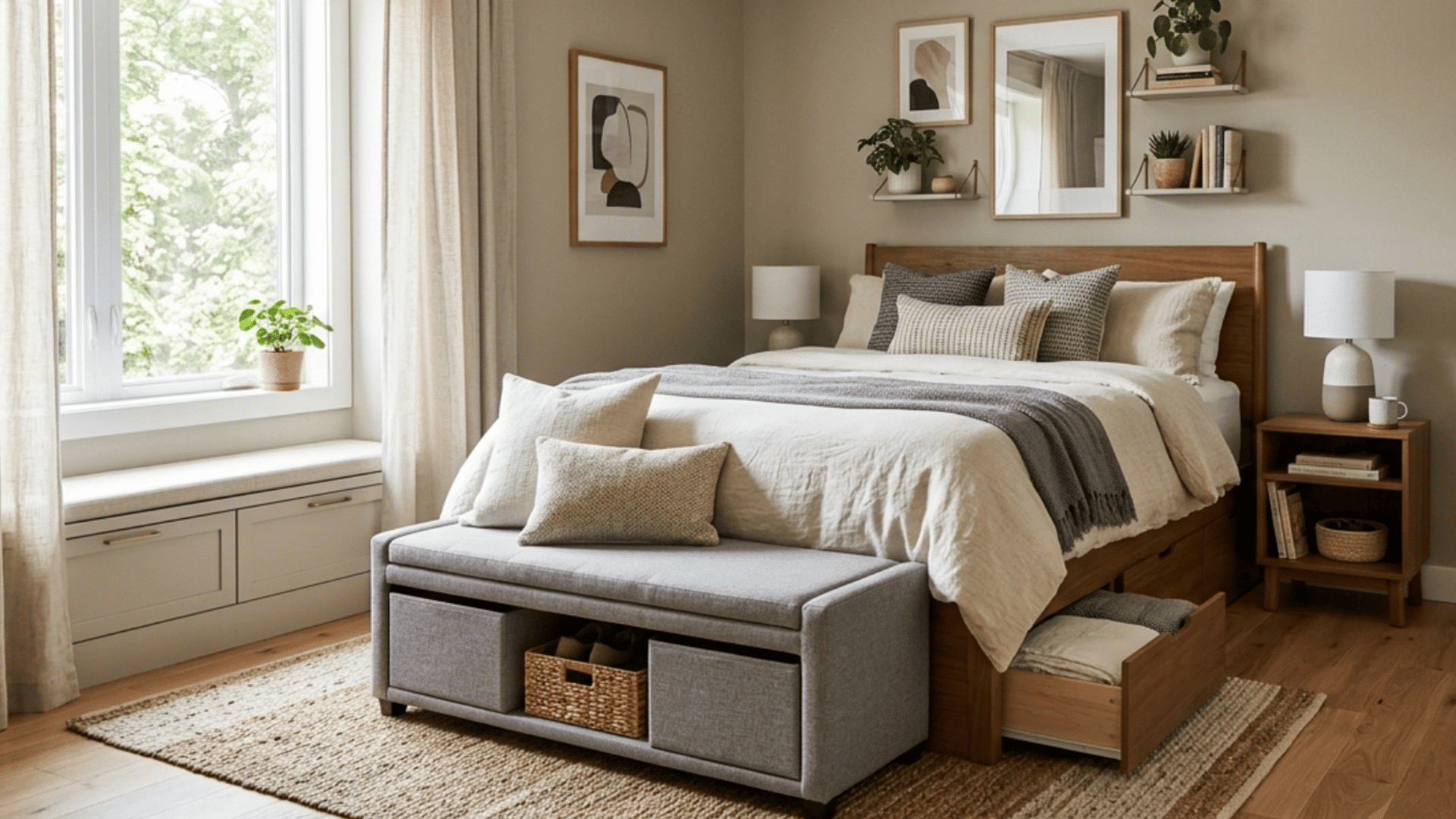 multifunctional guest bedroom with smart storage, cozy seating, neutral decor, and space-saving furniture.