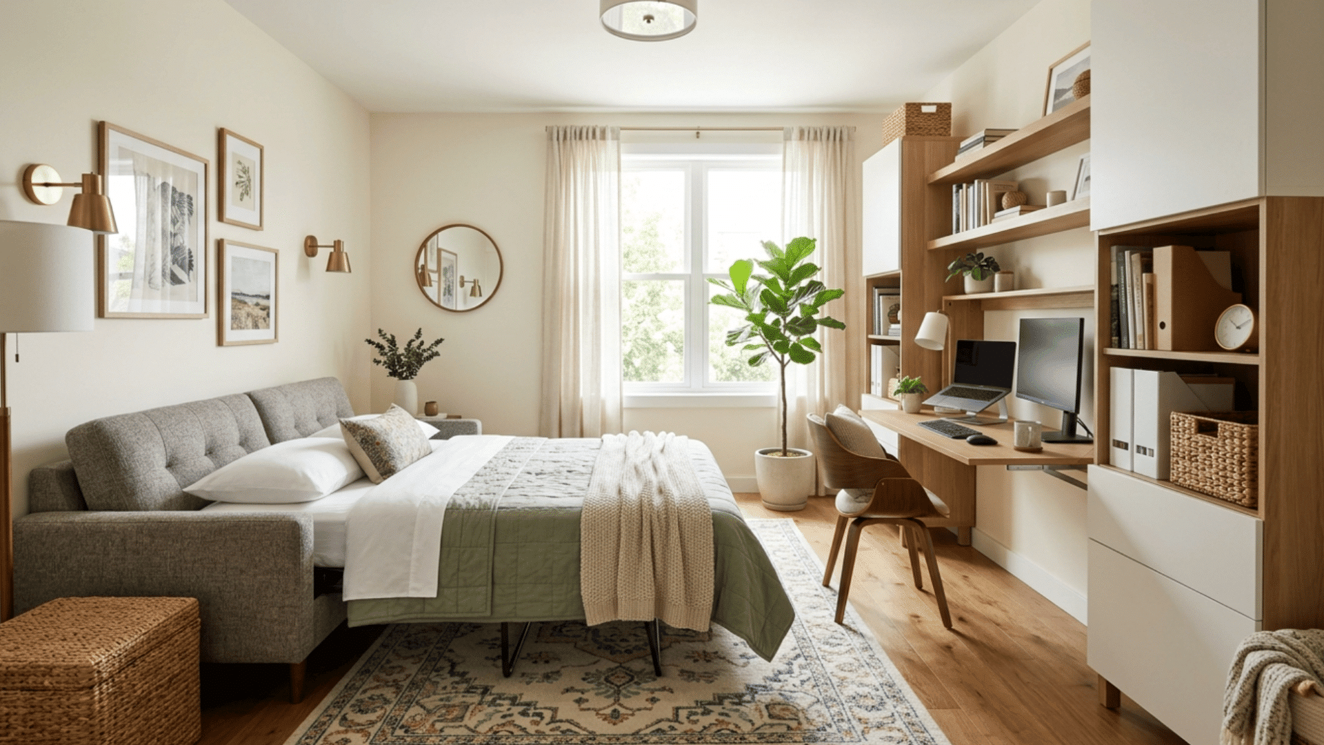 multifunctional guest bedroom with workspace, cozy bedding, smart storage, and clean space-saving furniture.