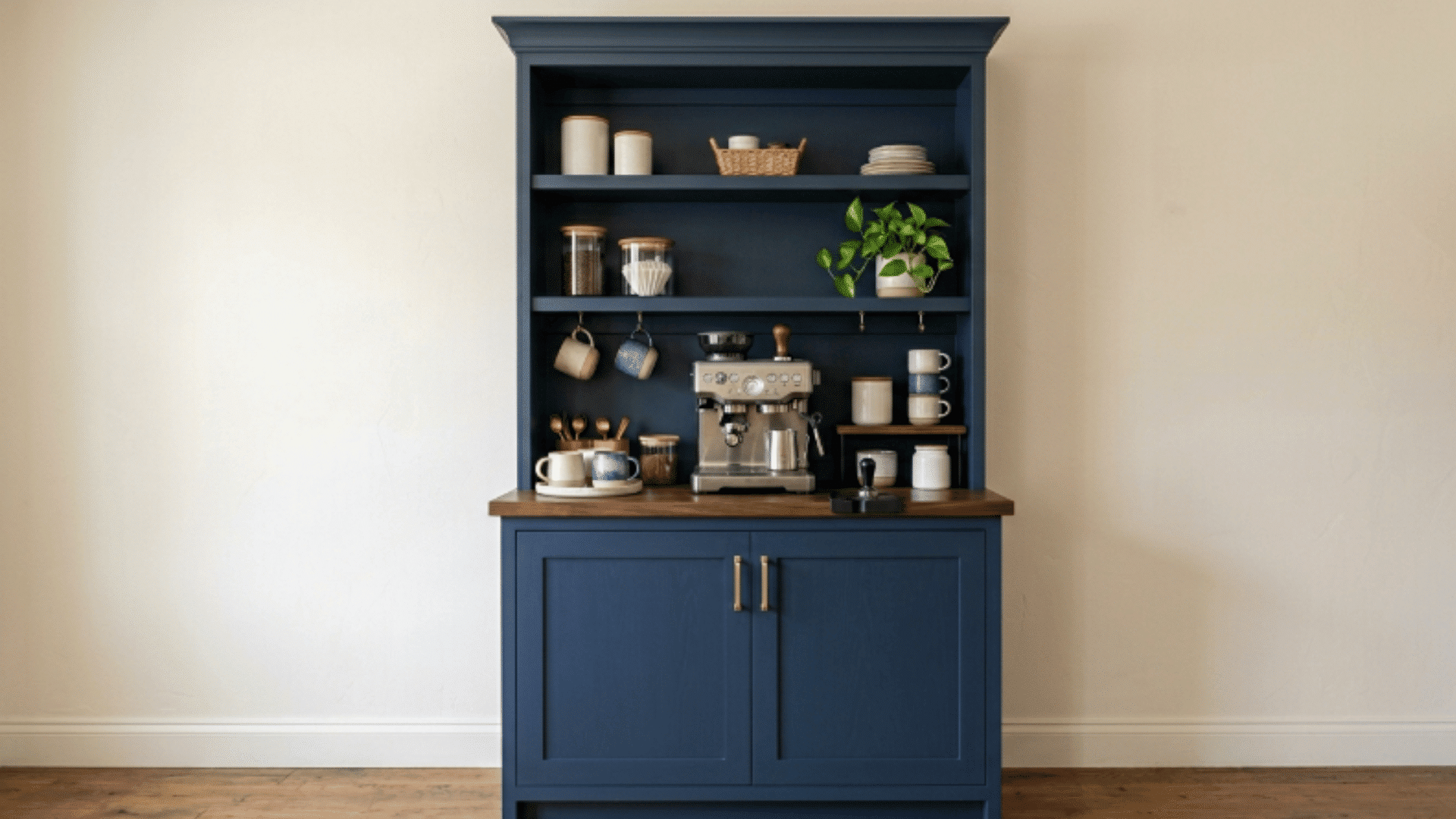 navy blue coffee cabinet with mugs trays jars and organized coffee station