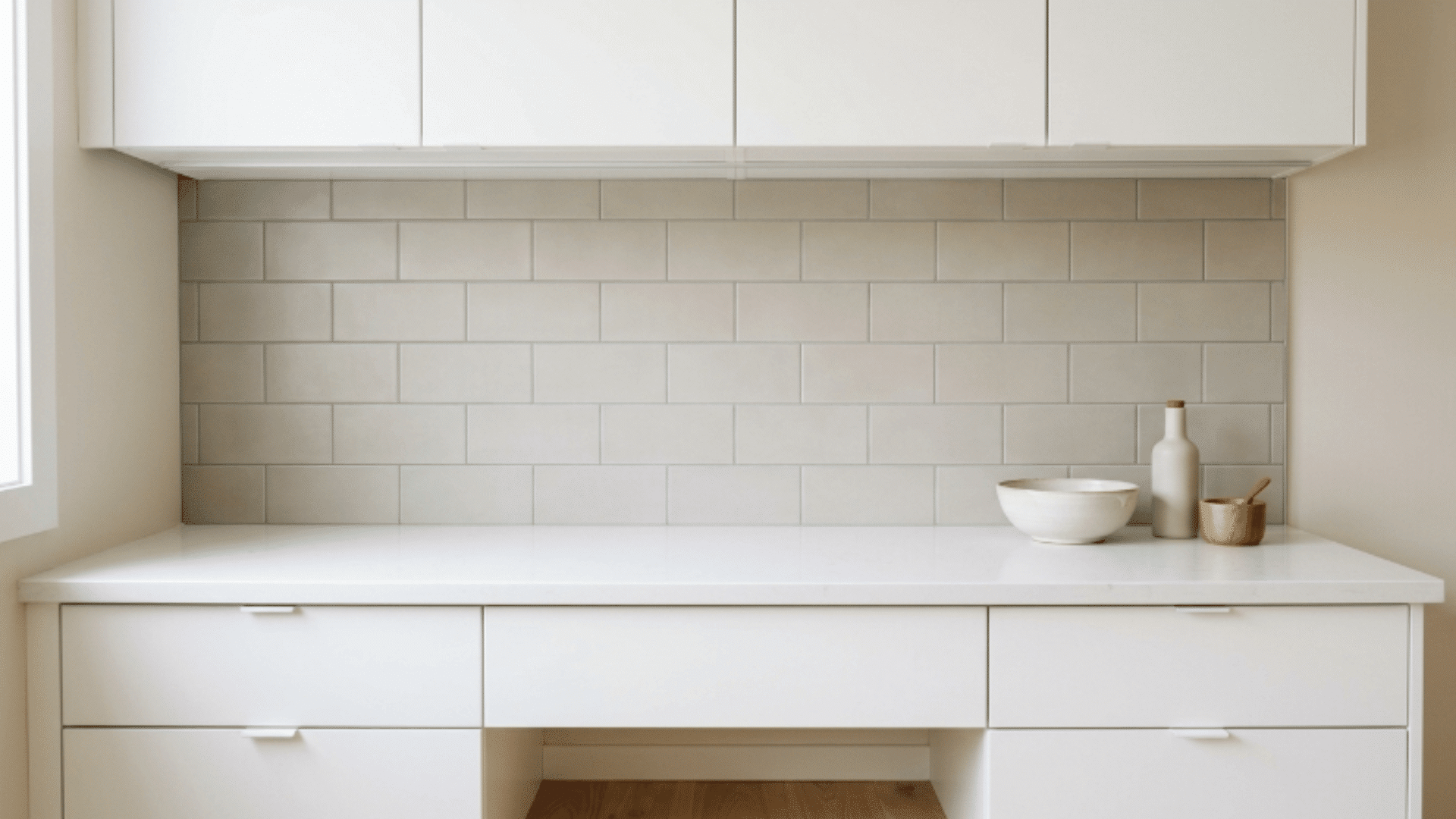 neutral tiled kitchen backsplash with clean modern diy finish and soft lighting