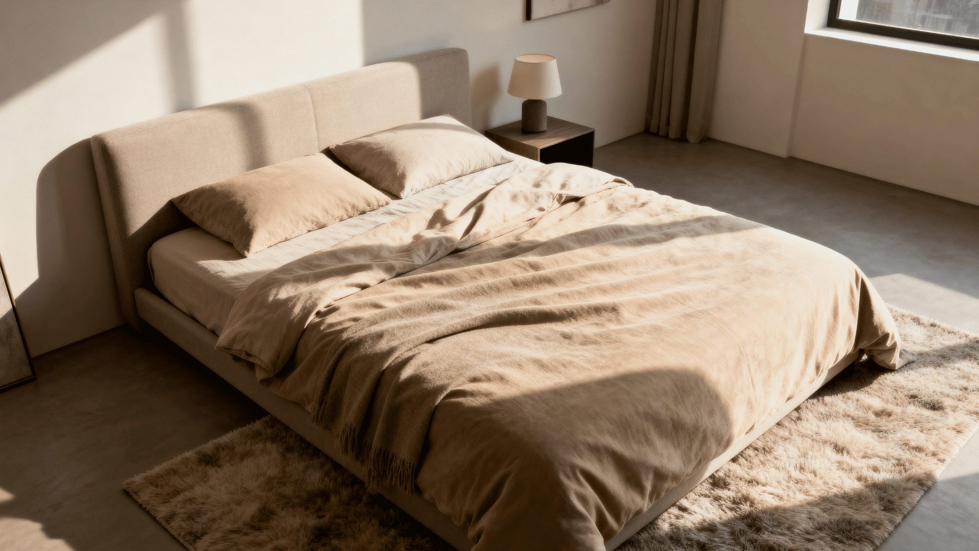 neutral tone men’s bedroom with beige decor, cozy bedding, soft textures, and warm natural lighting.