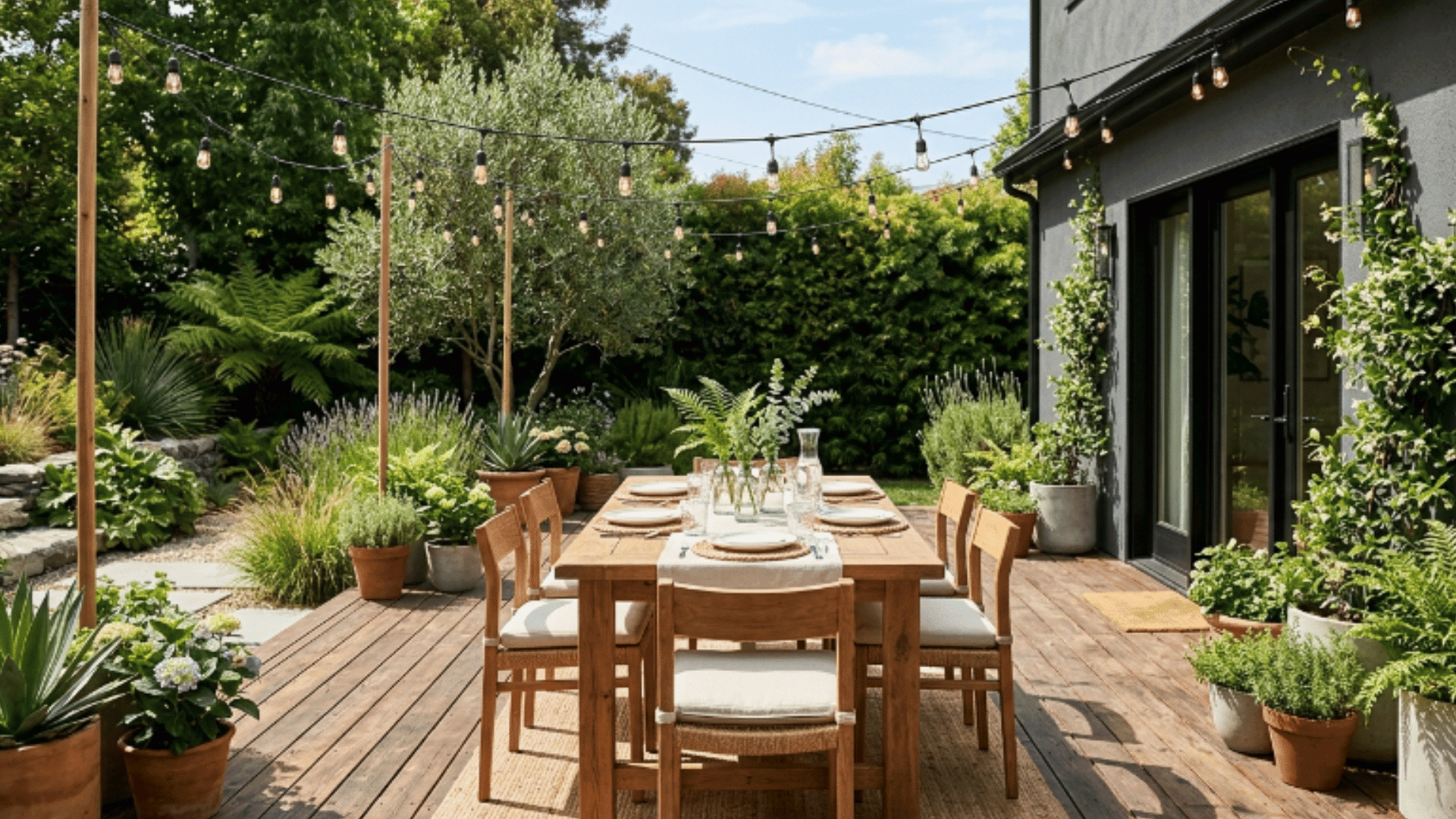 outdoor dining patio with string lights and wooden table in bright natural daylight