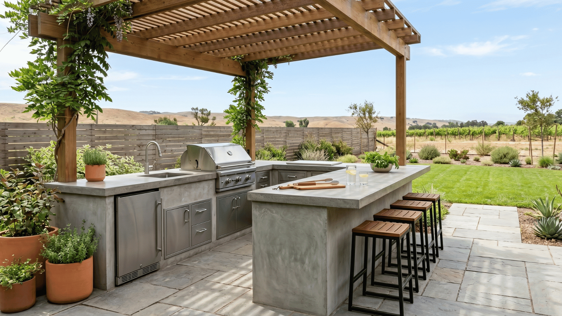outdoor kitchen with bar seating and pergola shade in natural daylight