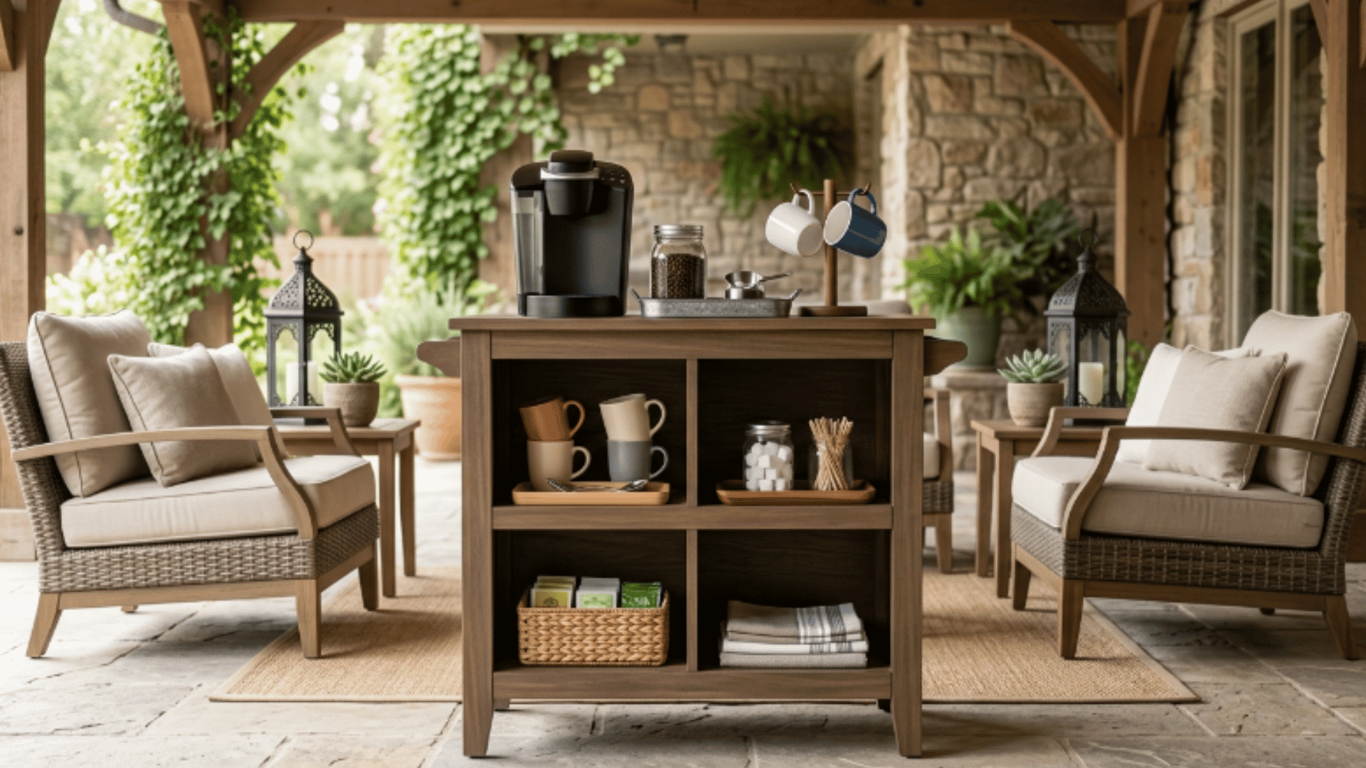 outdoor patio coffee station with cart shelves lanterns and coffee setup