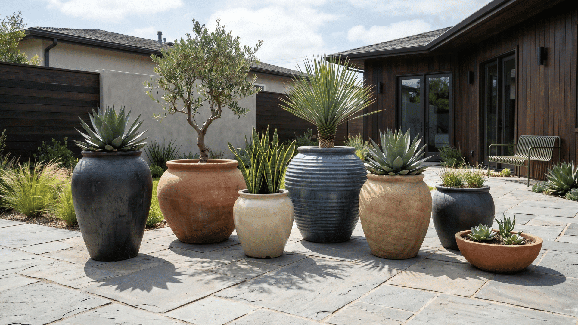 oversized ceramic pot display garden with modern paving and simple plants in daylight