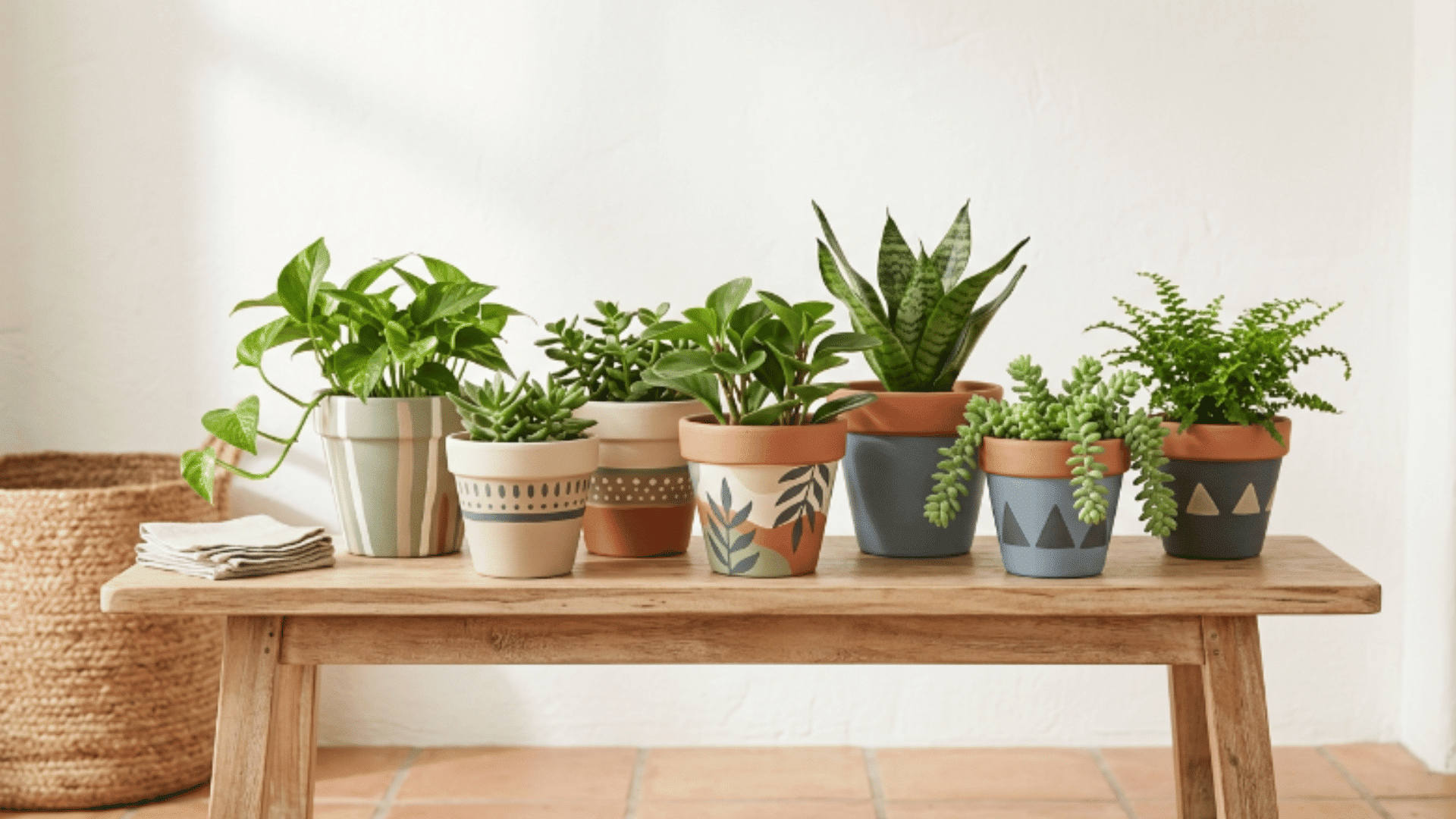 painted terracotta pots with greenery arranged in a warm natural setting