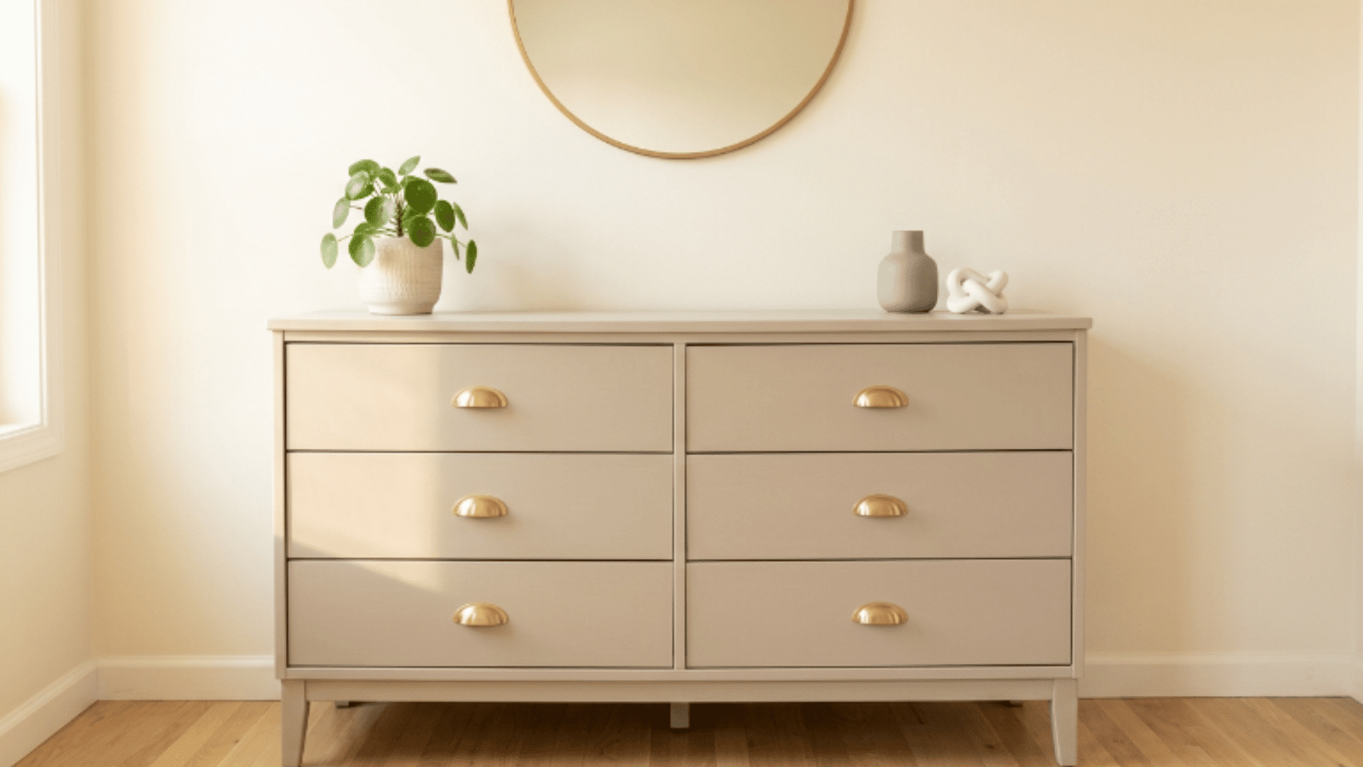 painted thrifted dresser makeover with updated hardware in a minimal room