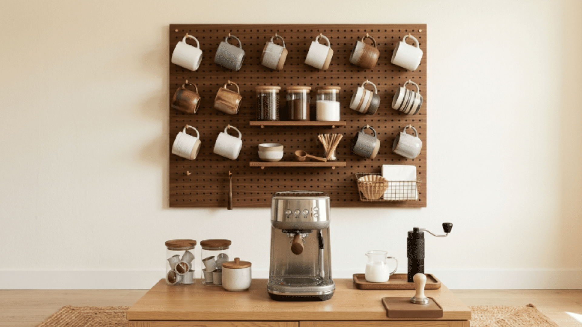 pegboard coffee bar wall with hanging mugs shelves and coffee accessories