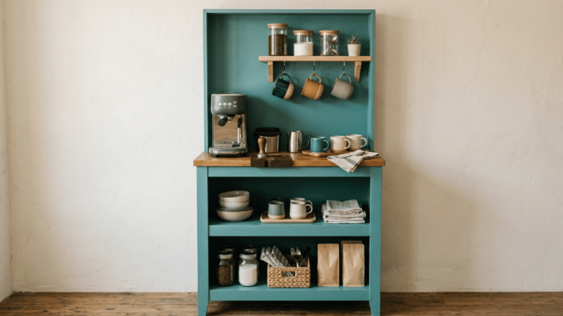 petite teal coffee stand with mugs trays jars and compact coffee setup
