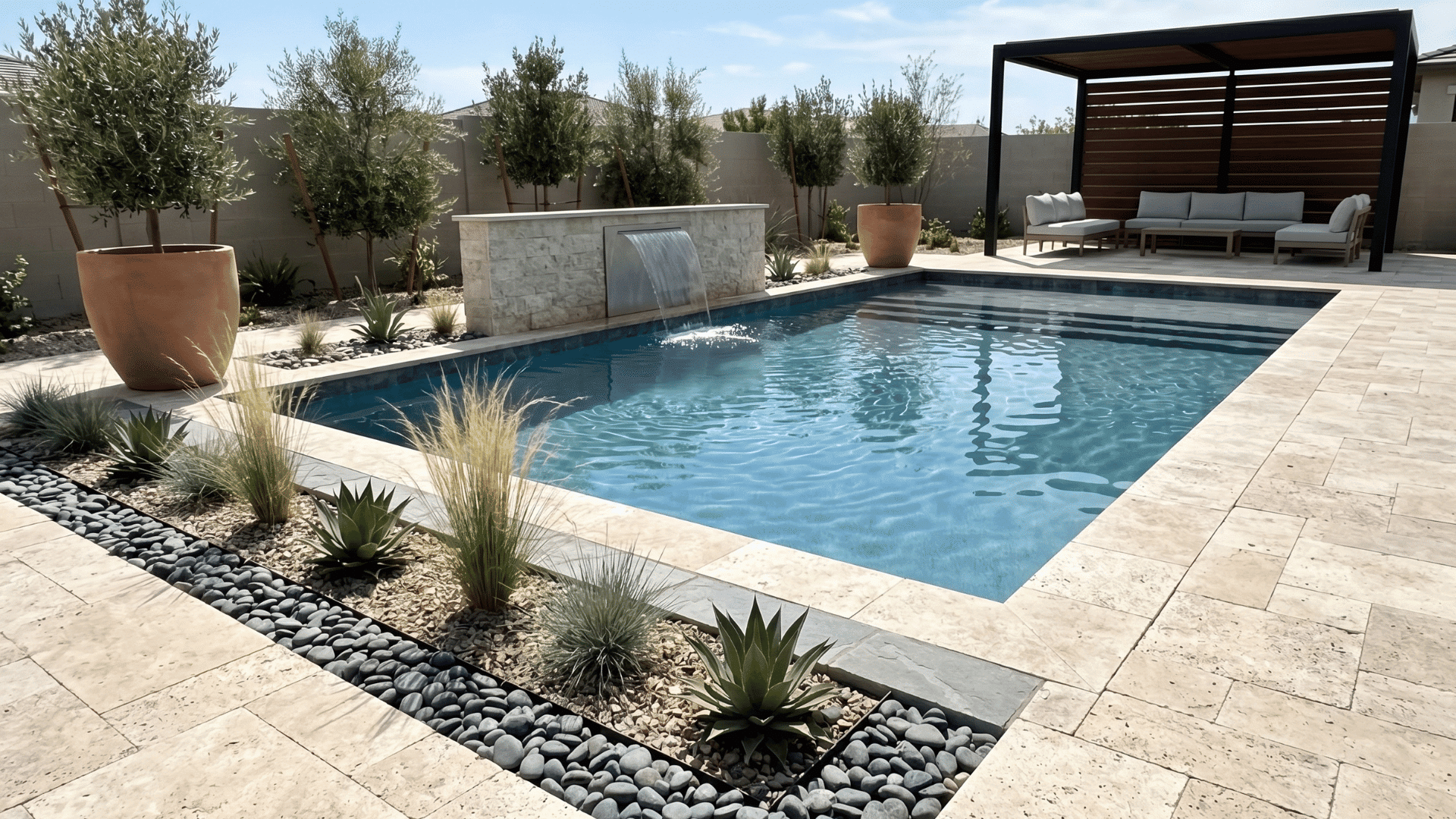 poolside garden with stone paved border and clean modern outdoor layout in daylight