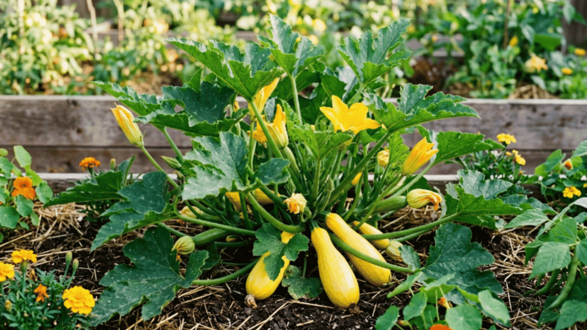 productive summer squash plant with yellow flowers and fresh squash in a sunny garden