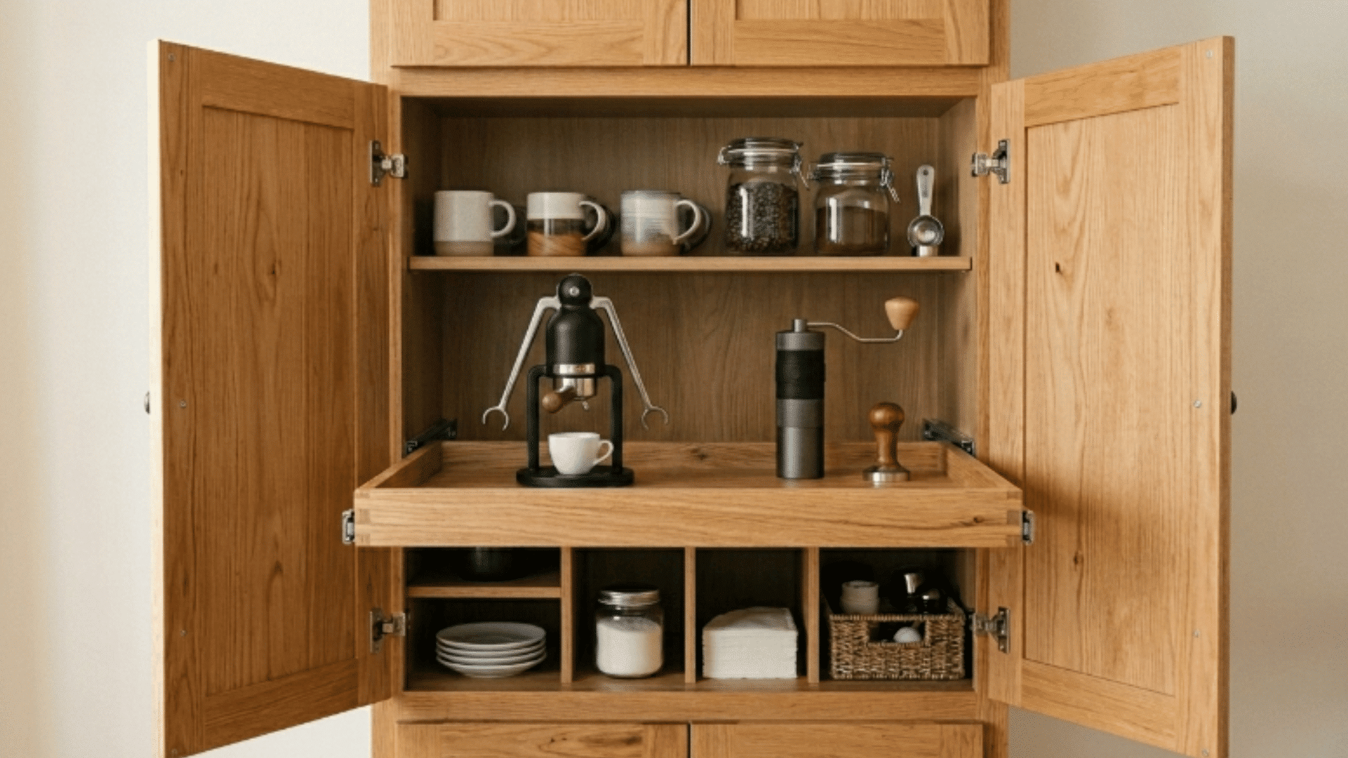 pull out tray coffee station with sliding shelf mugs jars and coffee setup