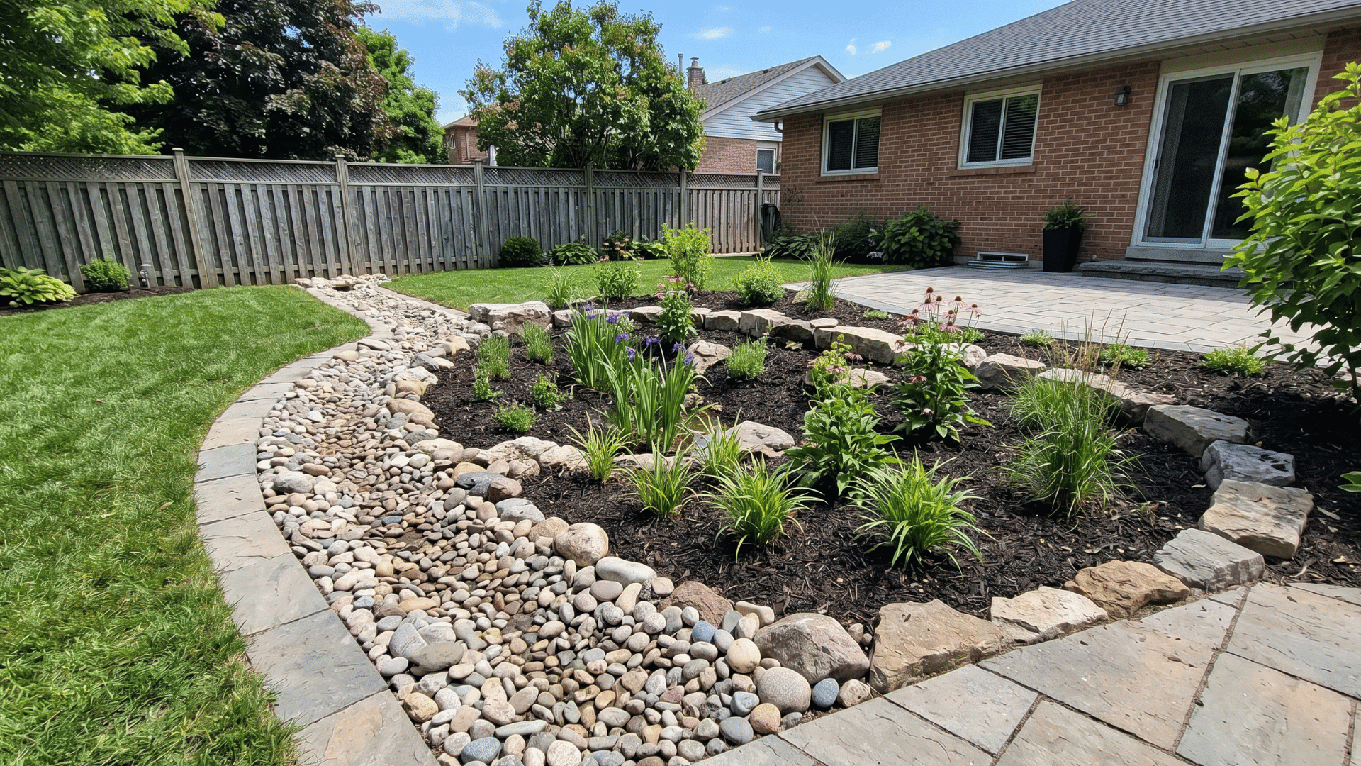 rain garden with pebble drain channel and soft planting in bright daylight