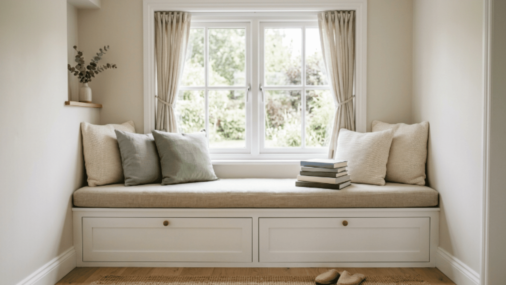 reading nook bench with cushion and storage below a bright window setup