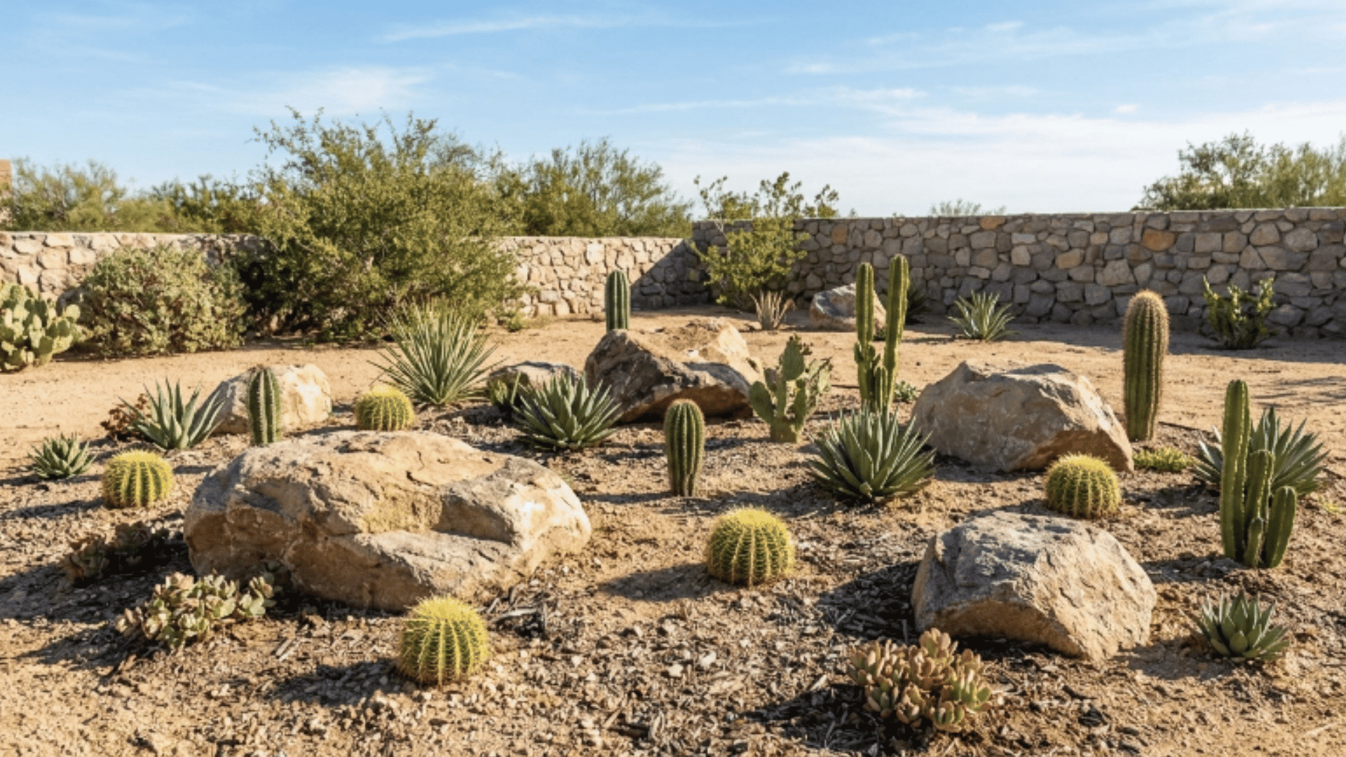 realistic cactus and boulder desert garden with sand, stones, and small cacti in daylight