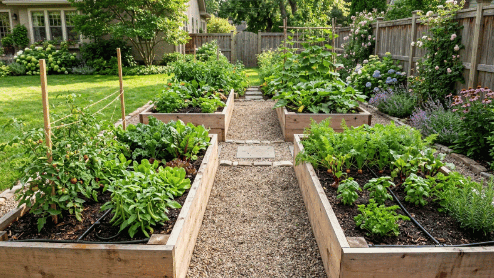 realistic curved flagstone garden walkway with gravel borders and small plants in daylight