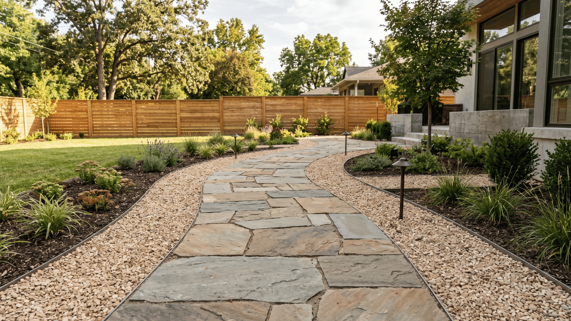 realistic curved flagstone garden walkway with gravel borders and small plants in daylight