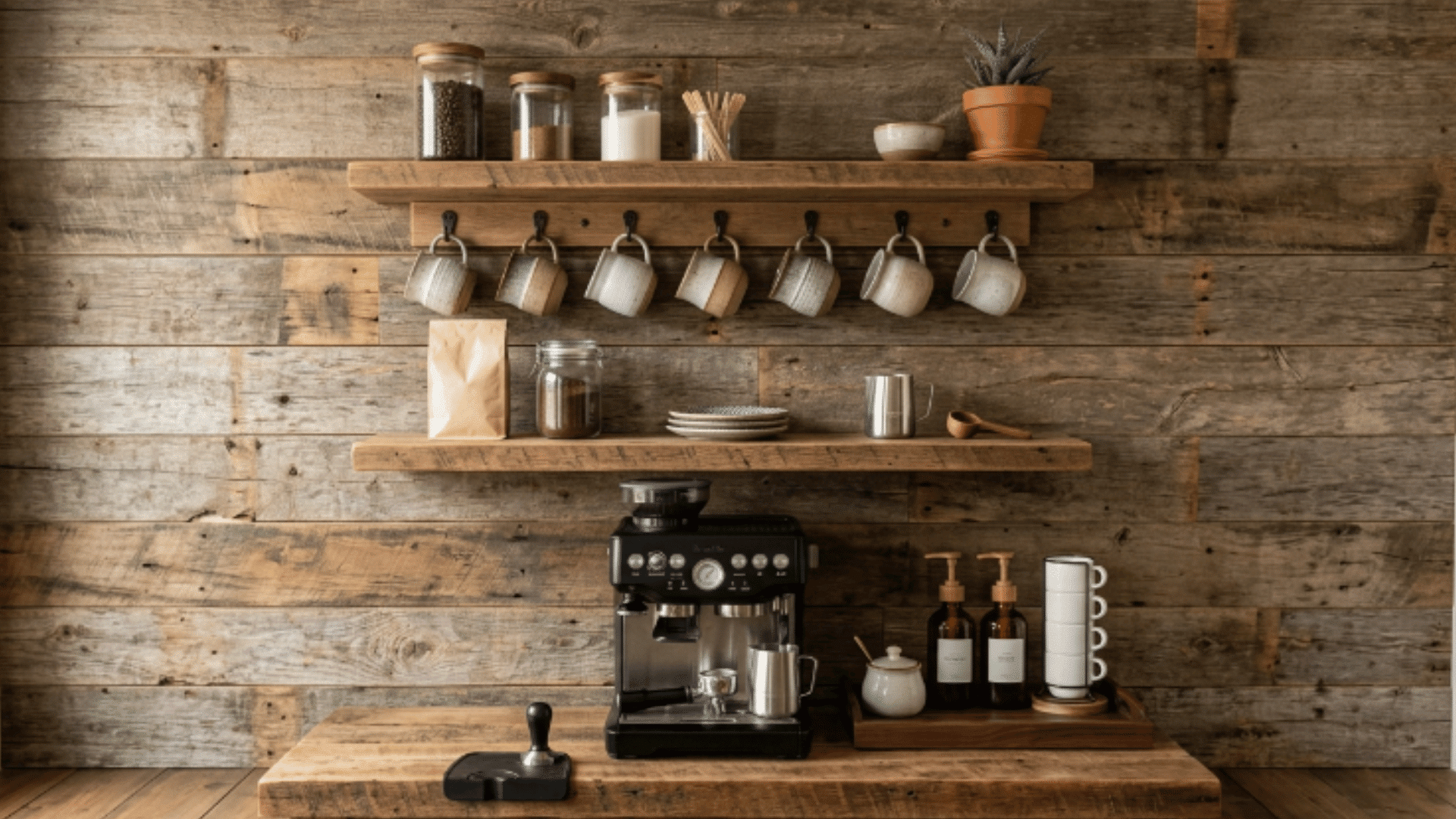 reclaimed wood coffee bar wall with floating shelves mugs and coffee machine