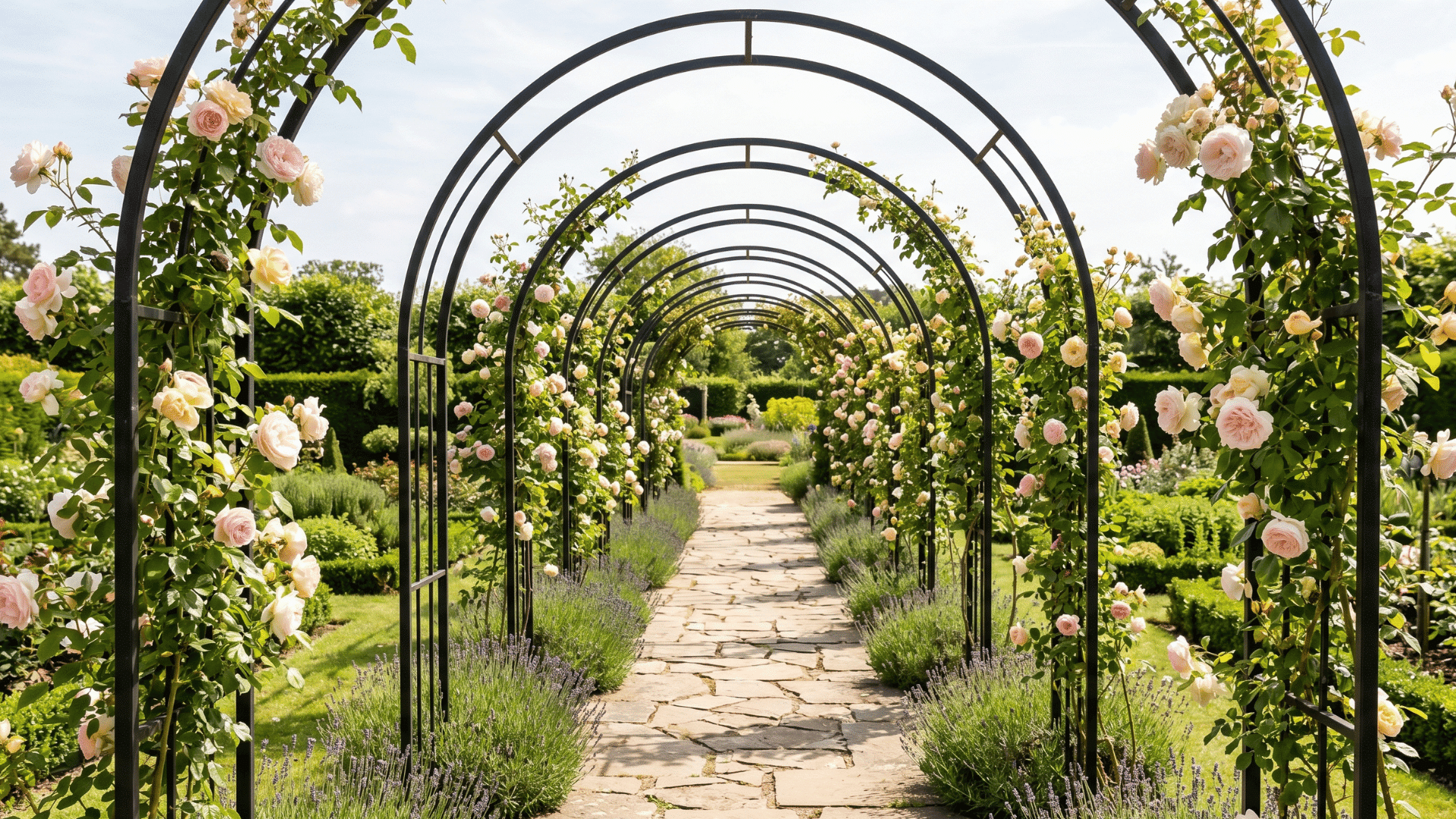 rose-covered garden tunnel arch with stone pathway and soft flowers in natural daylight