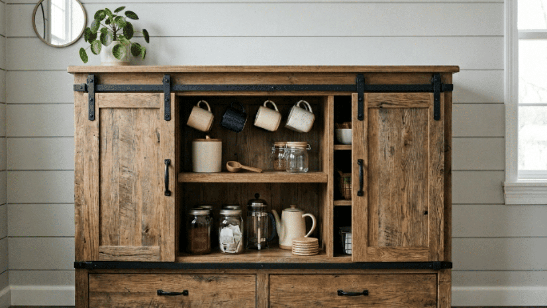 rustic barn door coffee cabinet with shelves mugs jars and coffee supplies