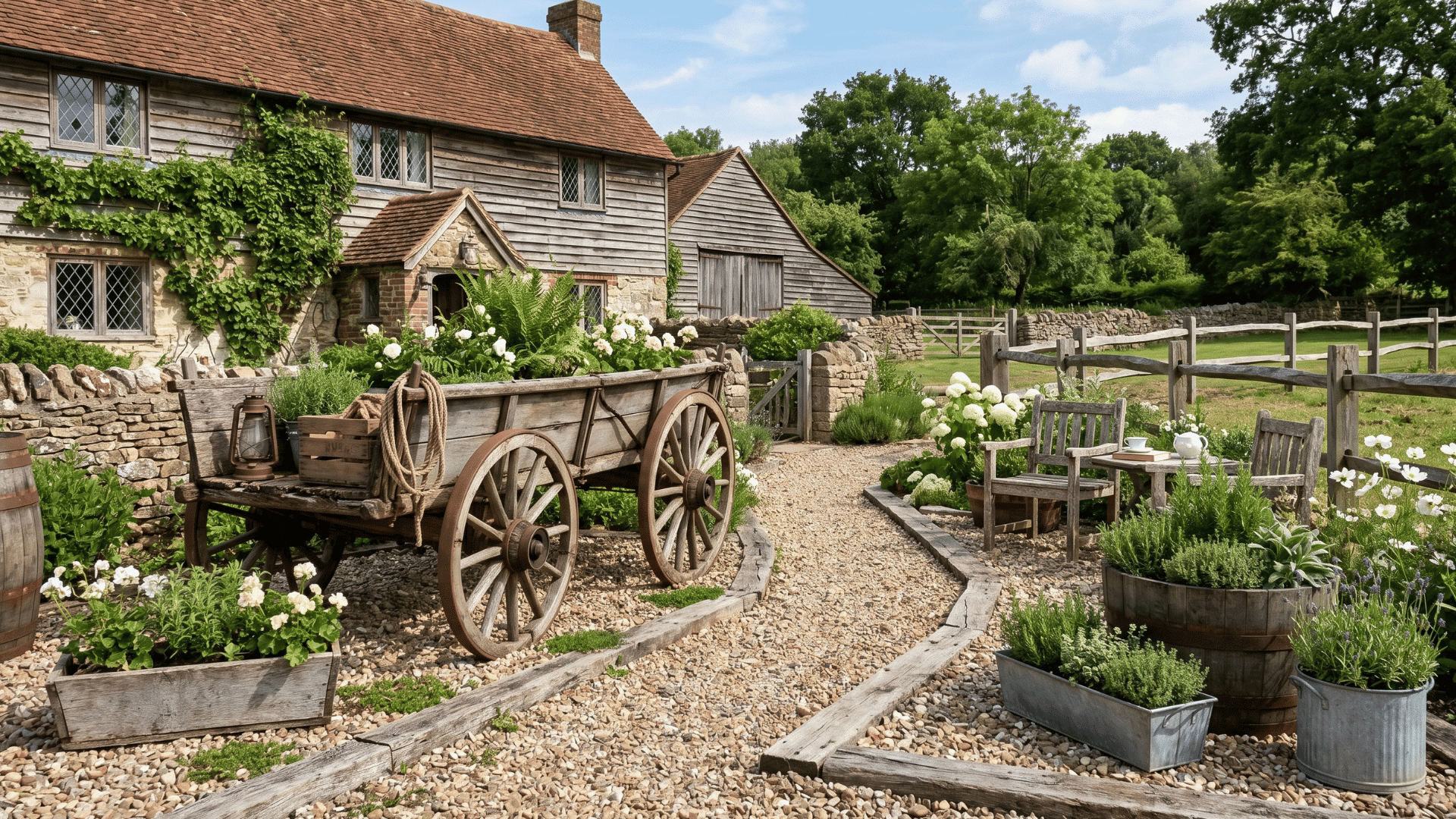 rustic farmhouse garden with wagon wheel decor and gravel pathway in daylight