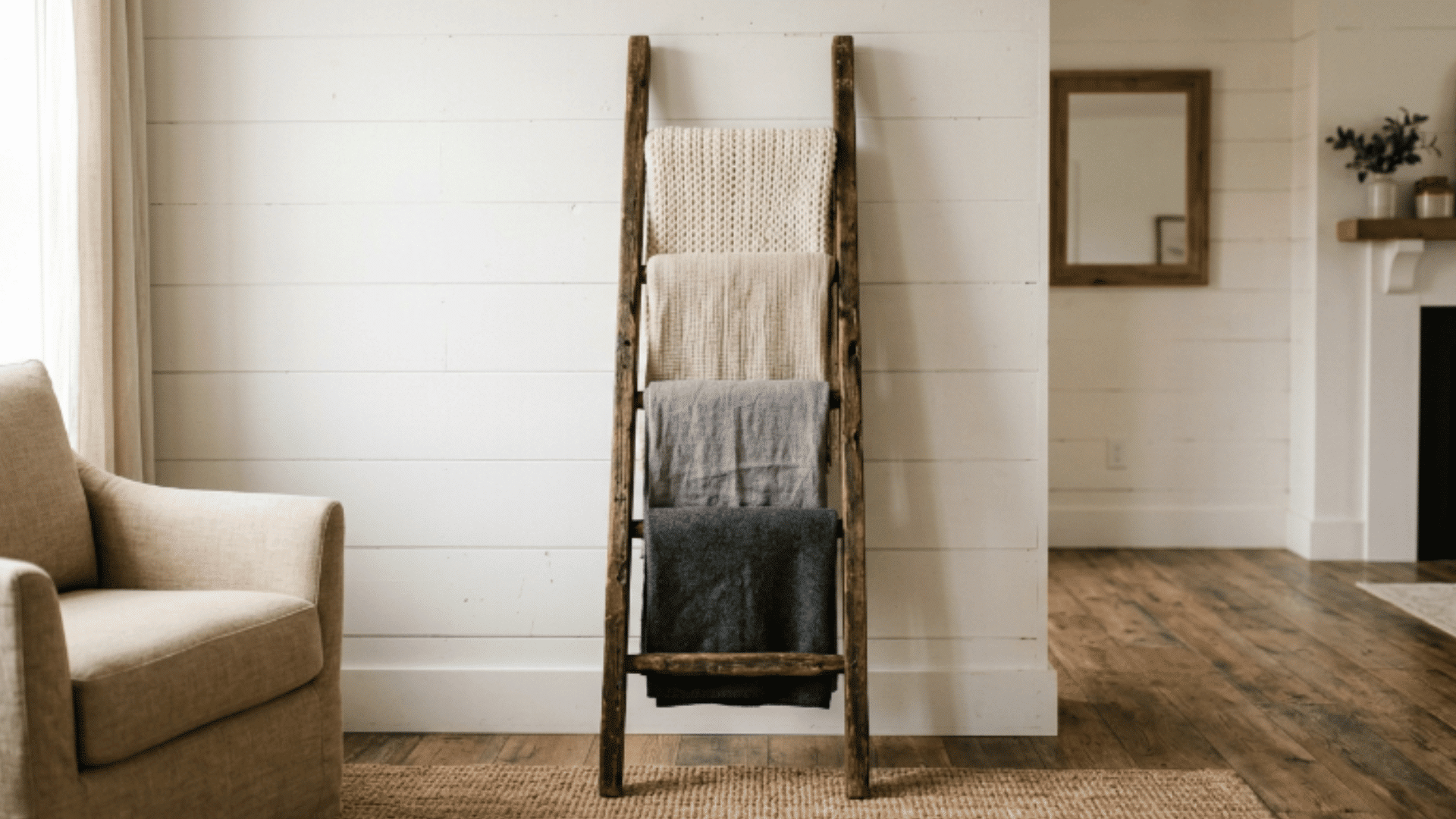 rustic wooden ladder blanket holder with folded throws in a warm interior