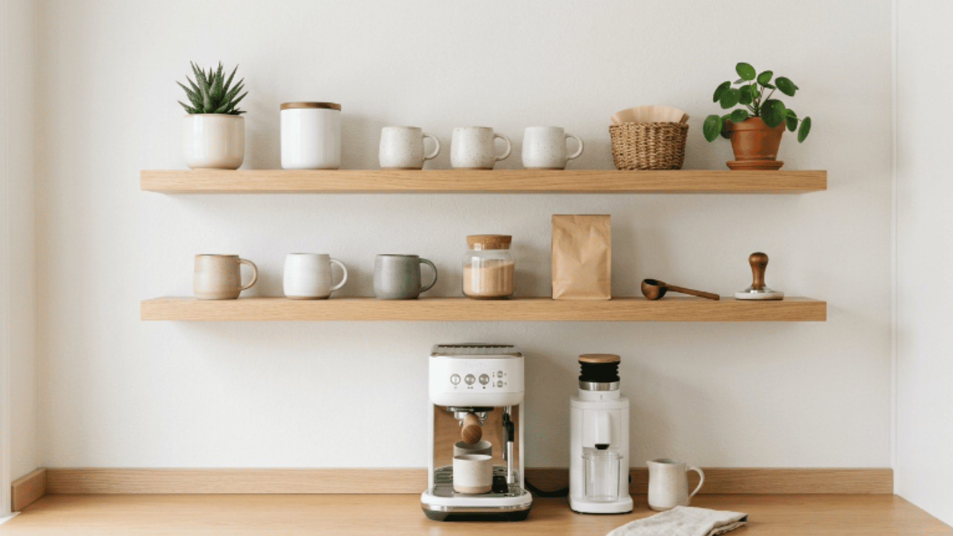 scandinavian coffee rack with floating shelves neutral decor and coffee setup