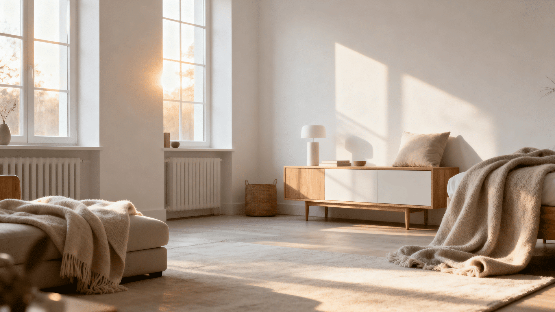 scandinavian style men’s bedroom with light wood furniture, white decor, soft textures, and natural lighting.