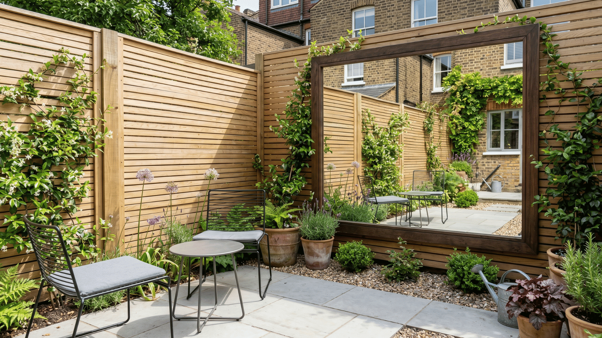 small garden with mirrored wall feature and light paving in natural daylight
