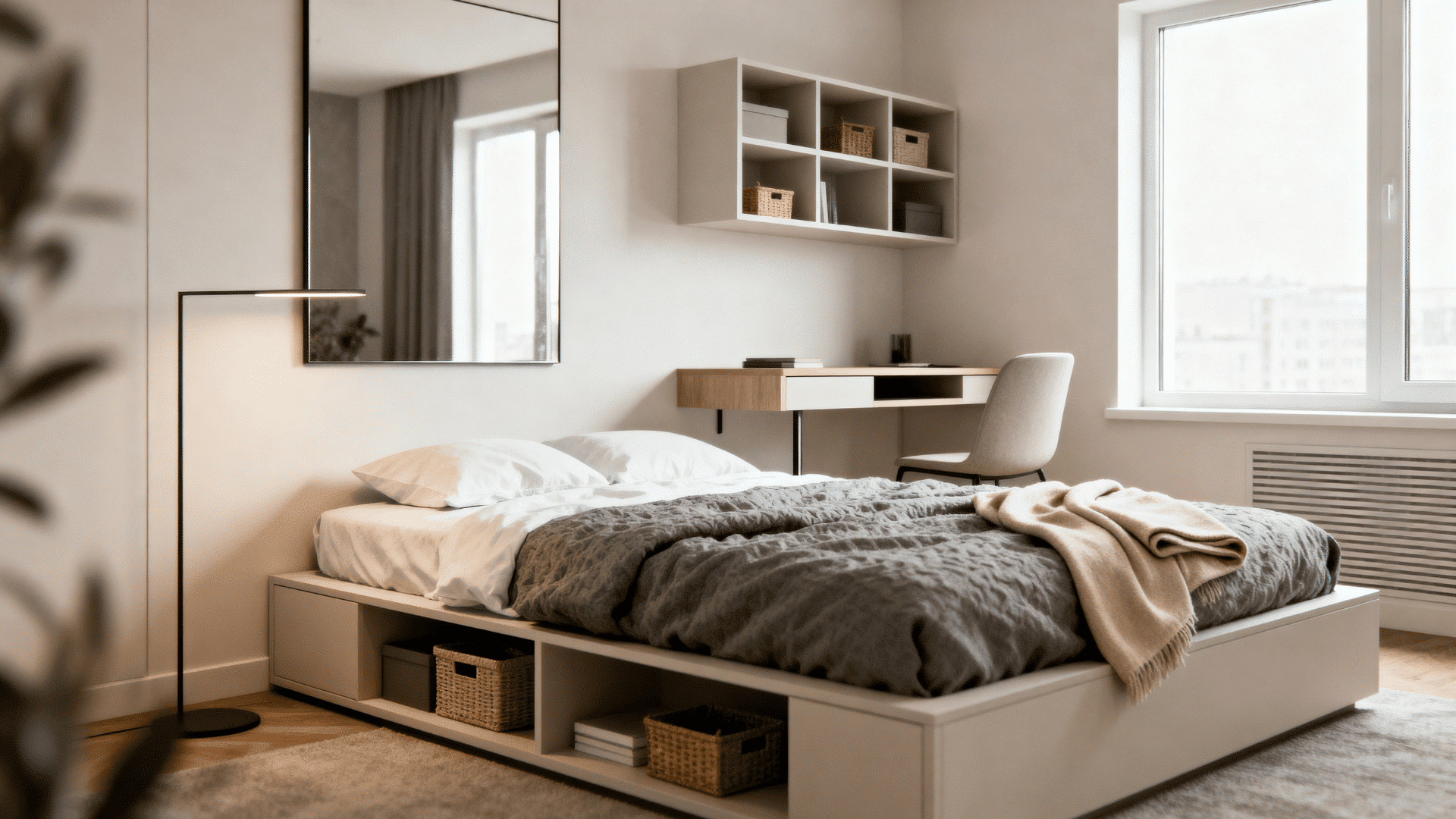 small modern men’s bedroom with smart storage, floating shelves, mirrors, and light neutral decor.