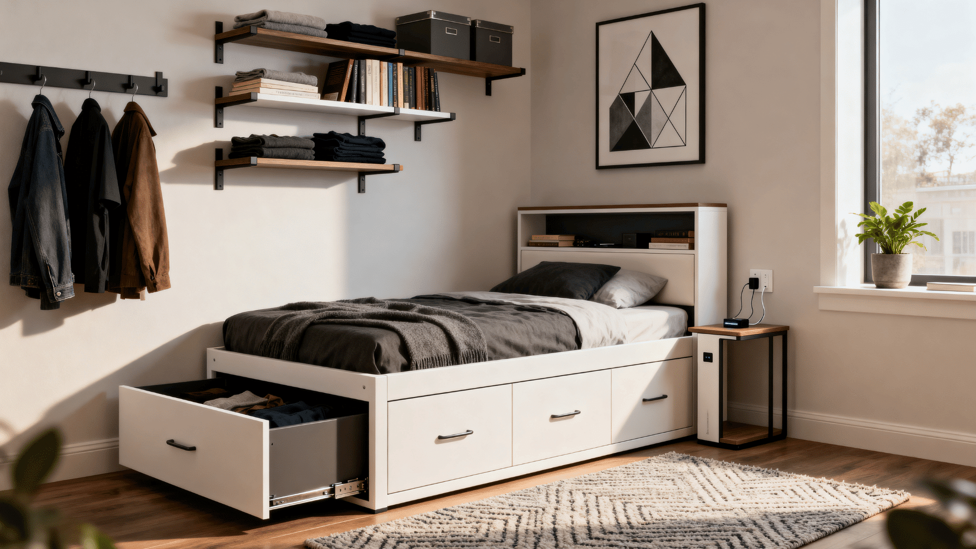 smart storage men’s bedroom with under-bed drawers, floating shelves, organized decor, and modern furniture. 