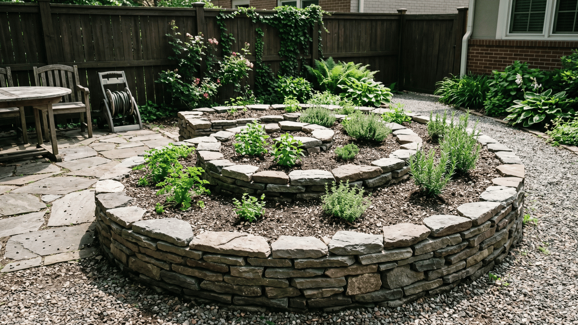 spiral herb garden bed with stacked stone design and neat herbs in daylight