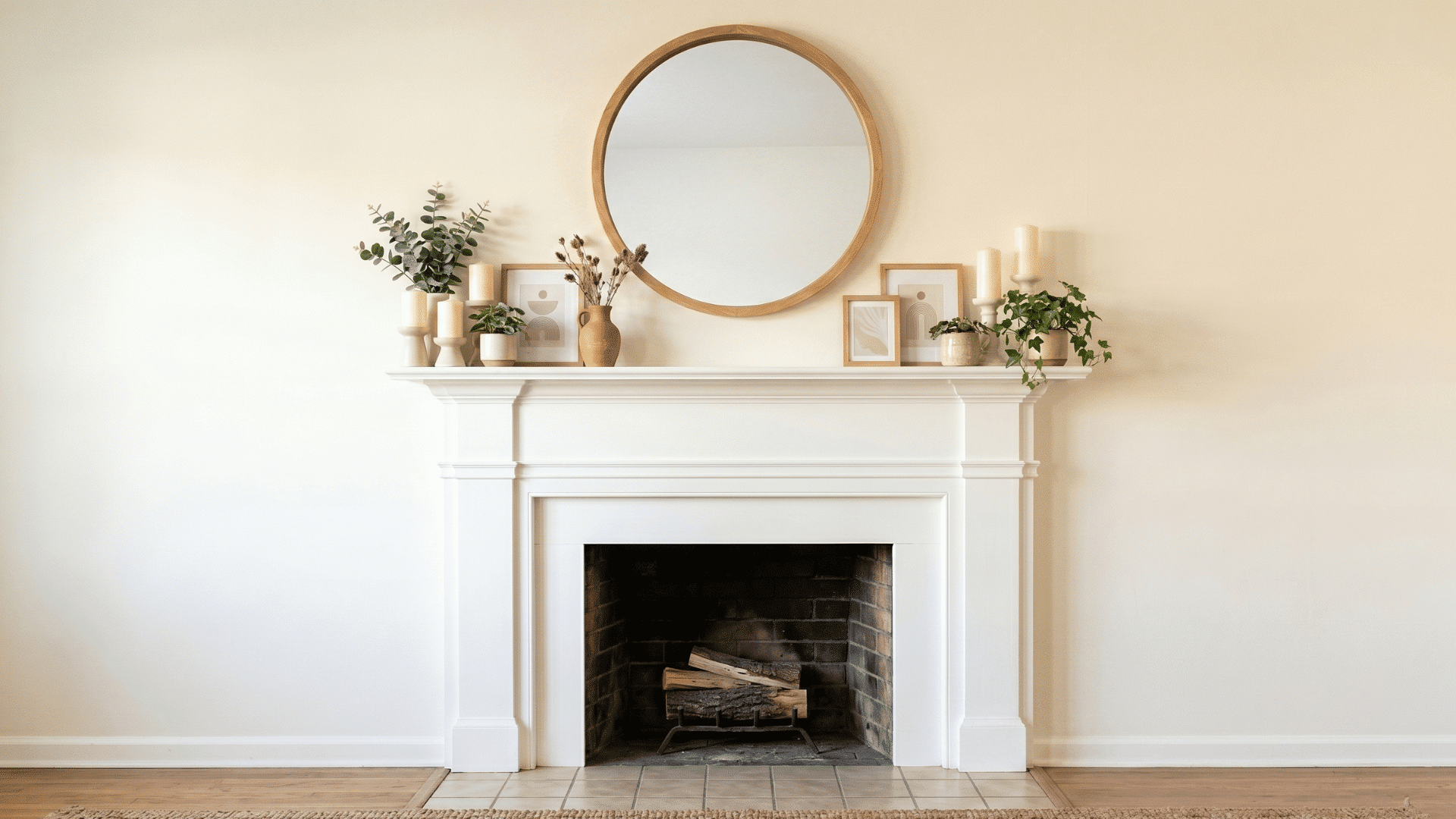 styled fireplace mantel with candles greenery and layered neutral decor