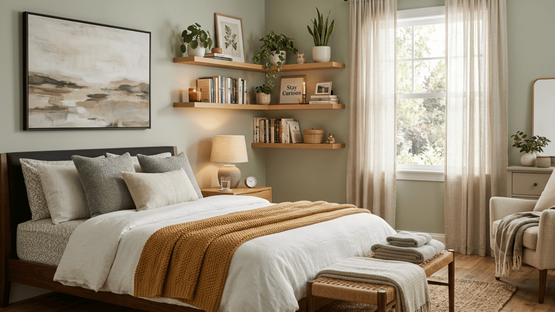 stylish guest bedroom with floating shelves, cozy bedding, warm wood accents, and neatly styled wall decor.
