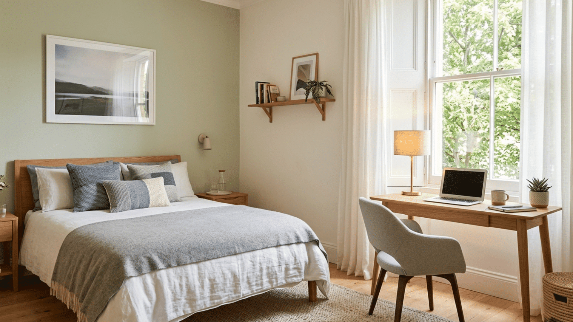 stylish guest bedroom with small desk area, cozy bedding, warm lighting, and clean functional layout.