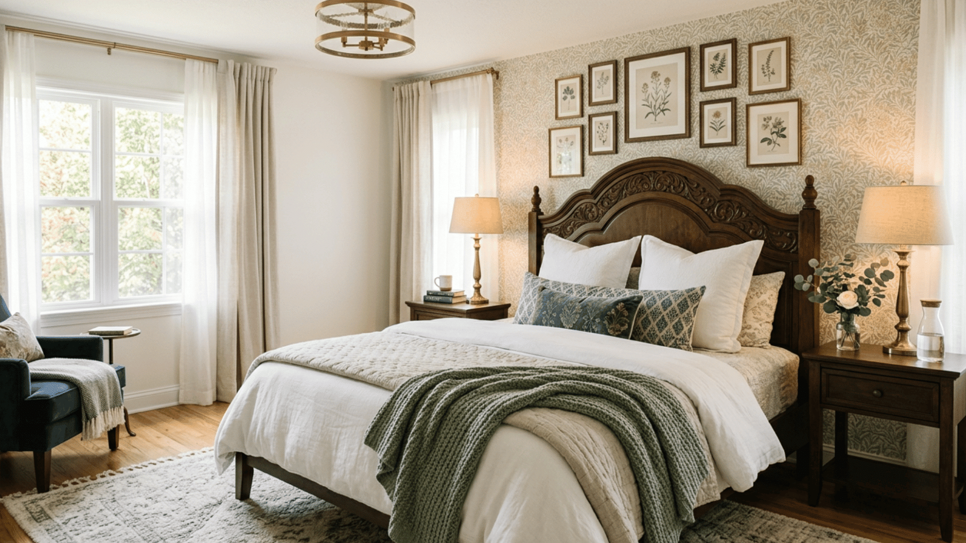 stylish guest bedroom with statement headboard, layered bedding, warm lighting, and elegant neutral decor accents.