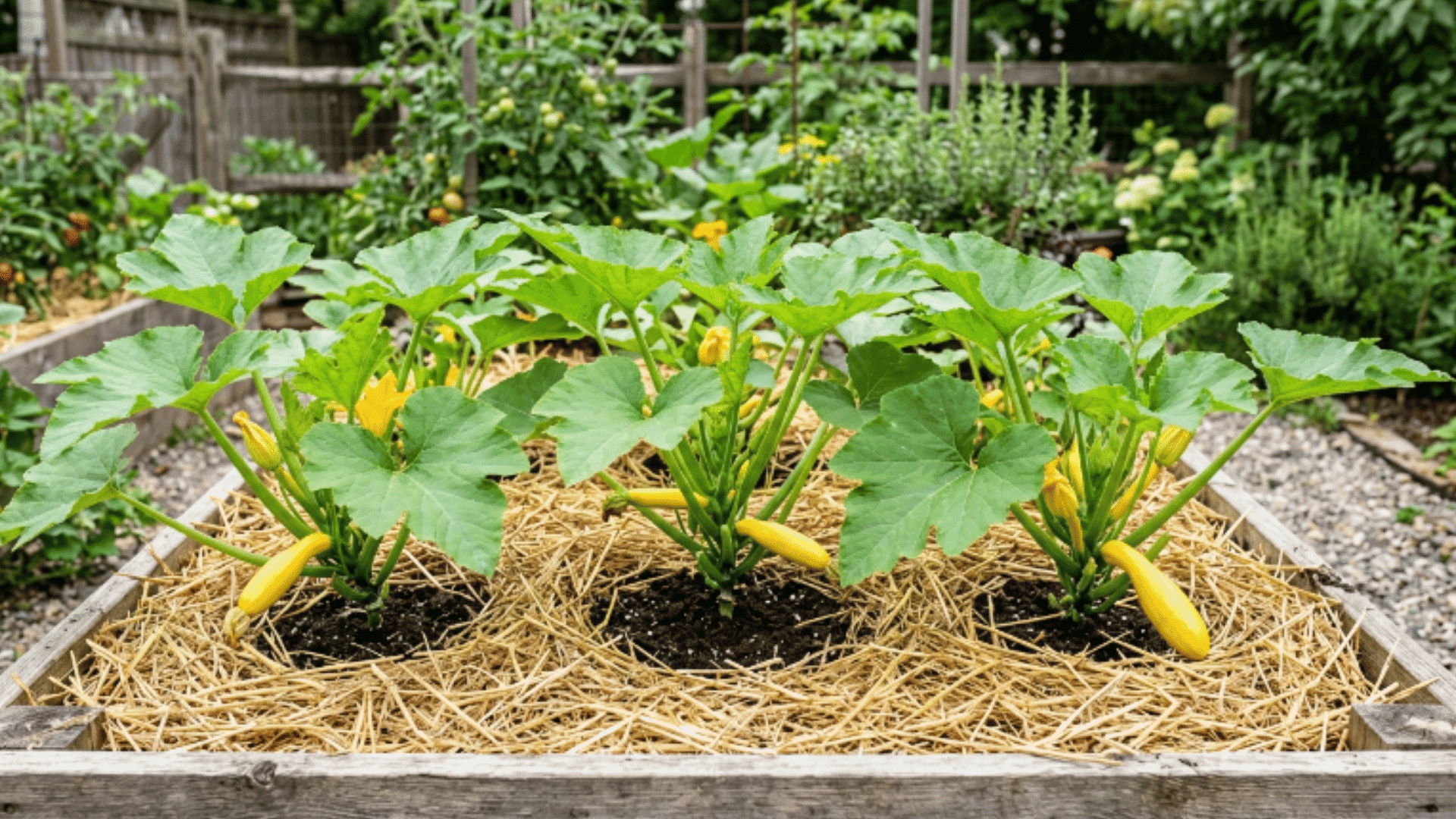 summer squash plants with straw mulch around the base in a raised vegetable garden bed